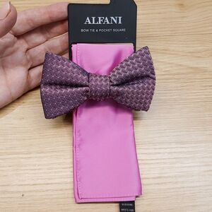 ALFANI Mens Bow Tie & Pocket Square Mauve Textured Geo Pink Satin Pre-Tied